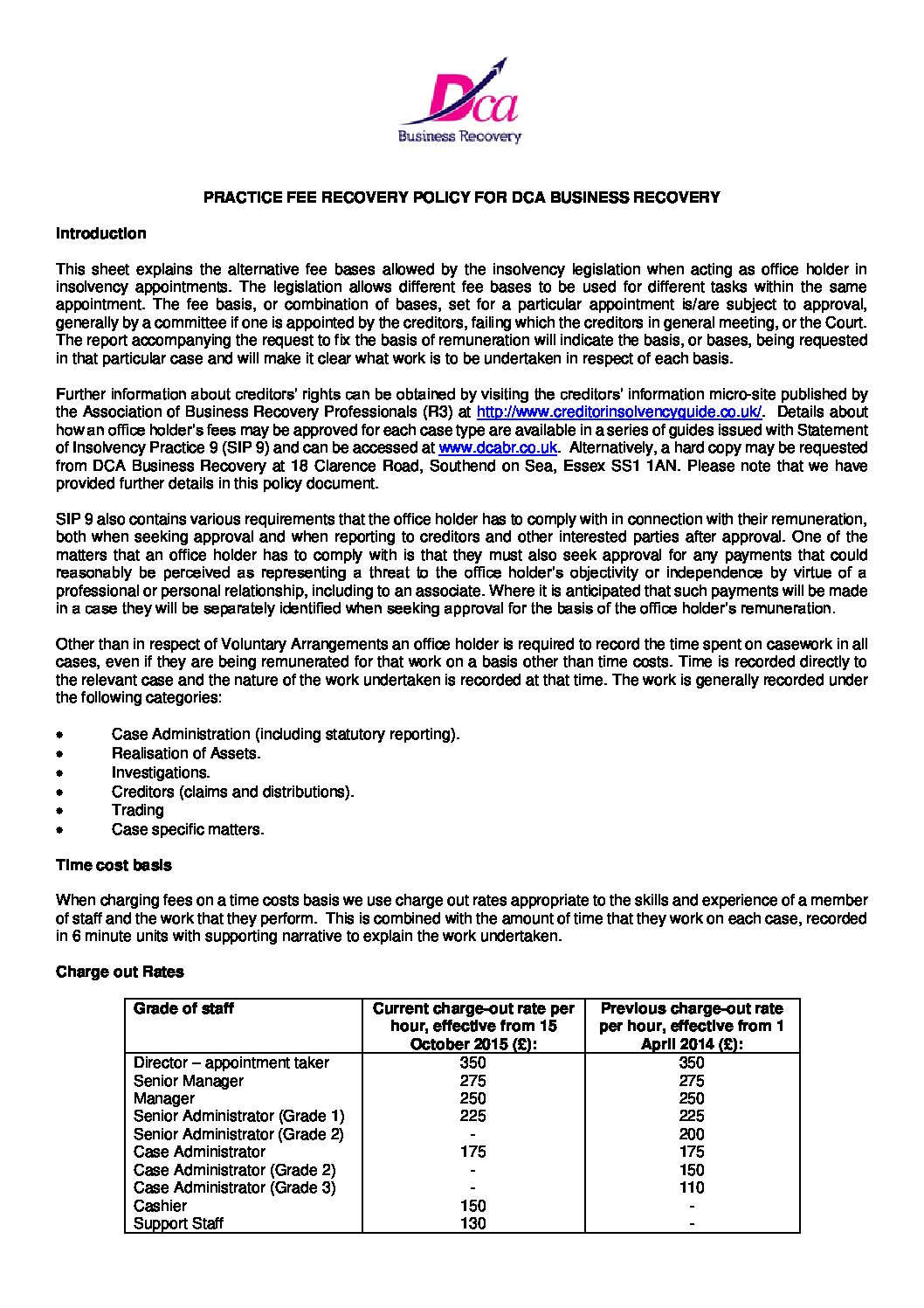 Practice Fee Recovery Sheet DCA Business Recovery